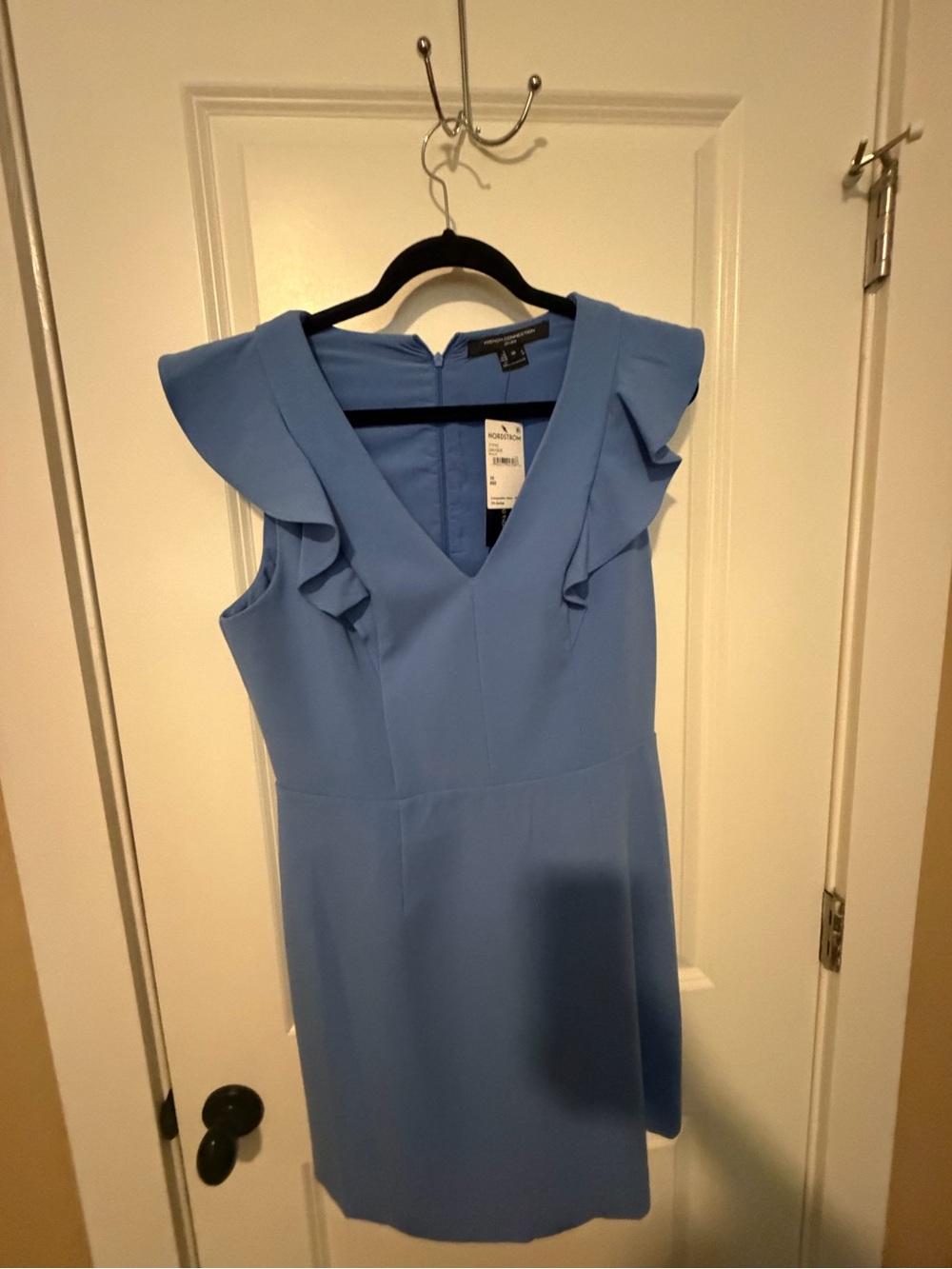 French Connection Sky Blue V-Neck Ruffle Sleeve Sheath Dress